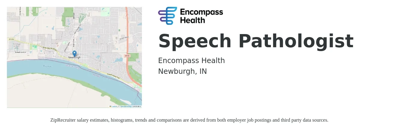 Encompass Health job posting for a Speech Pathologist in Newburgh, IN with a salary of $34 to $45 Hourly with a map of Newburgh location.