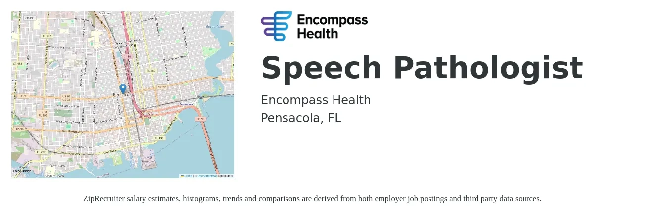 Encompass Health job posting for a Speech Pathologist in Pensacola, FL with a salary of $32 to $42 Hourly with a map of Pensacola location.
