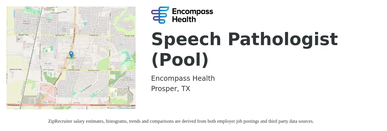 Encompass Health job posting for a Speech Pathologist (Pool) in Prosper, TX with a salary of $36 to $48 Hourly with a map of Prosper location.