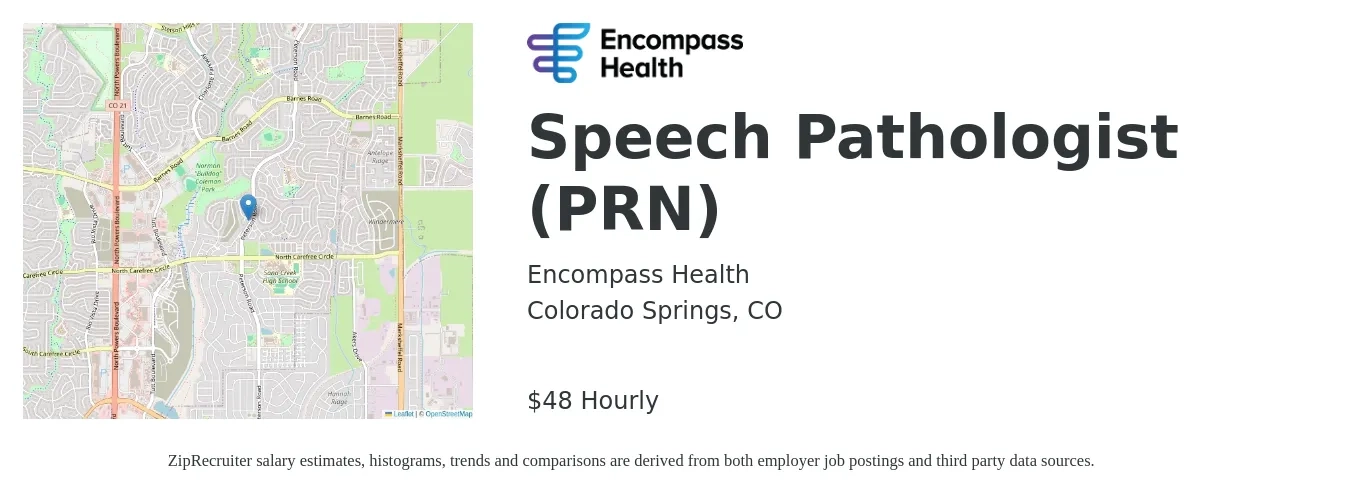 Encompass Health job posting for a Speech Pathologist (PRN) in Colorado Springs, CO with a salary of $50 Hourly with a map of Colorado Springs location.