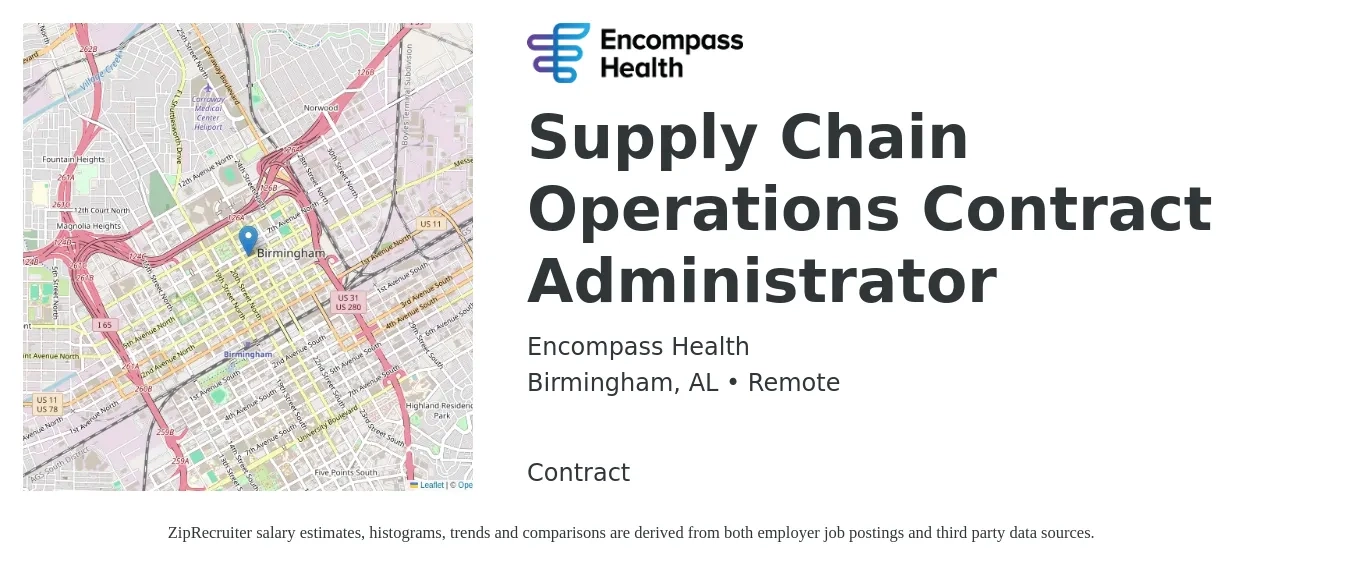 Encompass Health job posting for a Supply Chain Operations Contract Administrator in Birmingham, AL with a salary of $53,400 to $82,500 Yearly with a map of Birmingham location.