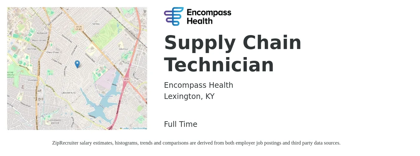 Encompass Health job posting for a Supply Chain Technician in Lexington, KY with a salary of $16 to $23 Hourly with a map of Lexington location.
