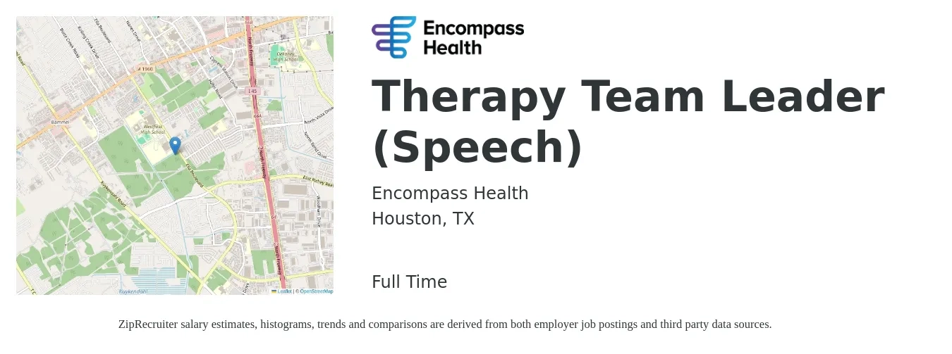 Encompass Health job posting for a Therapy Team Leader (Speech) in Houston, TX with a salary of $38 to $52 Hourly with a map of Houston location.