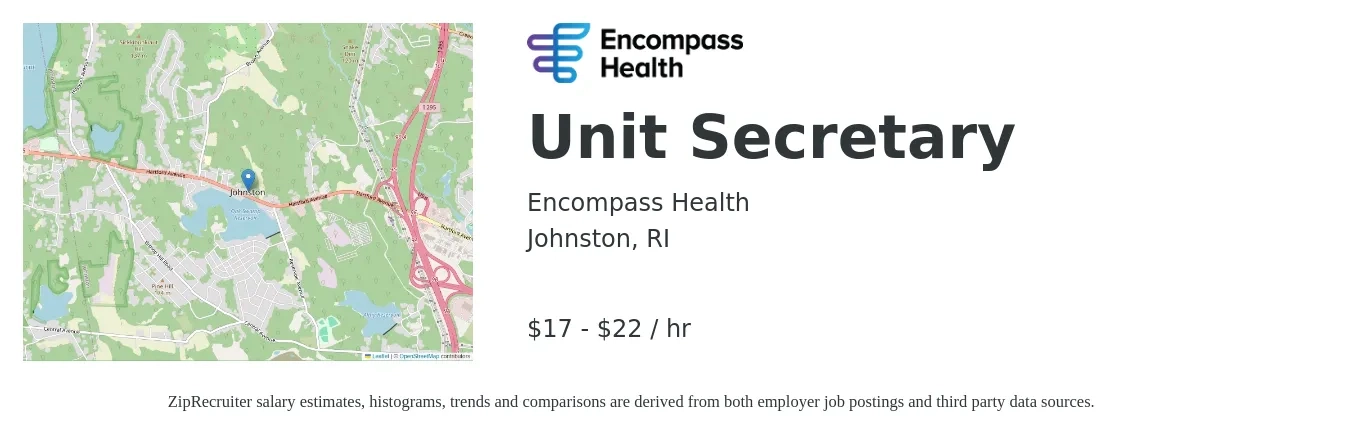 Encompass Health job posting for a Unit Secretary in Johnston, RI with a salary of $18 Hourly with a map of Johnston location.