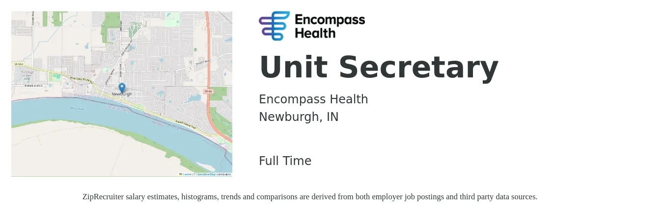 Encompass Health job posting for a Unit Secretary in Newburgh, IN with a salary of $40,300 to $49,300 Yearly with a map of Newburgh location.