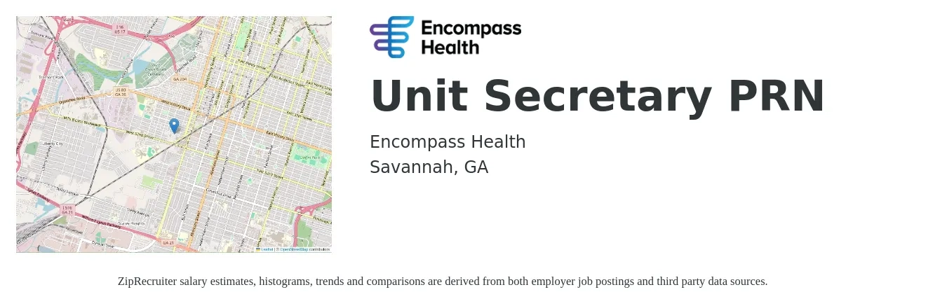 Encompass Health job posting for a Unit Secretary PRN in Savannah, GA with a salary of $39,600 to $48,400 Yearly with a map of Savannah location.
