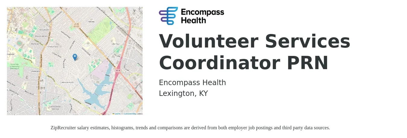Encompass Health job posting for a Volunteer Services Coordinator PRN in Lexington, KY with a salary of $19 to $30 Hourly with a map of Lexington location.