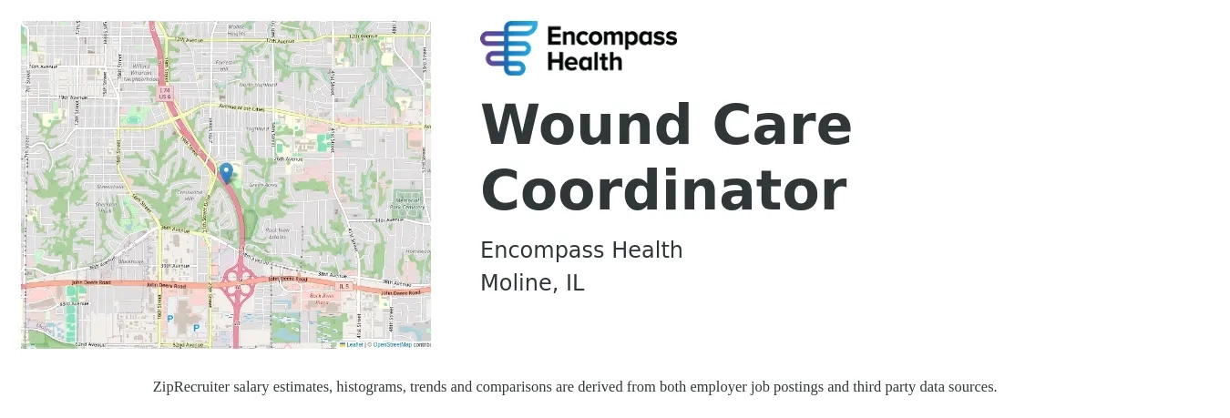 Encompass Health job posting for a Wound Care Coordinator in Moline, IL with a salary of $35 to $43 Hourly with a map of Moline location.