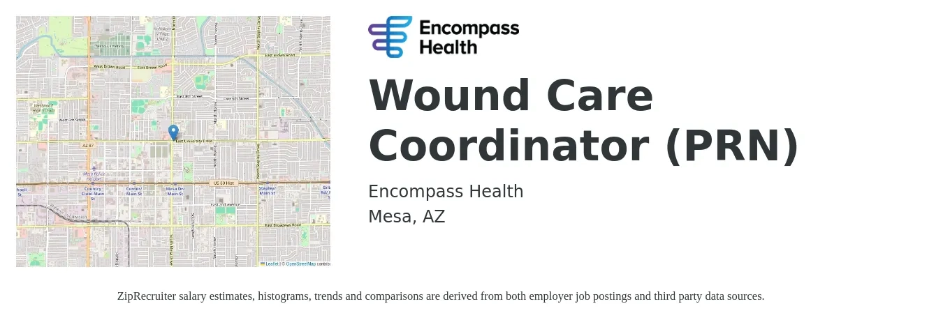 Encompass Health job posting for a Wound Care Coordinator (PRN) in Mesa, AZ with a salary of $33 to $41 Hourly with a map of Mesa location.