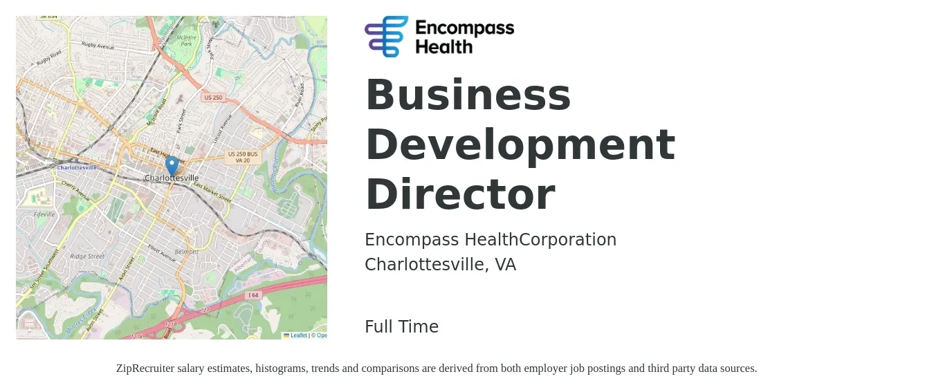 Encompass Health job posting for a Business Development Director in Charlottesville, VA with a salary of $92,800 to $150,300 Yearly with a map of Charlottesville location.