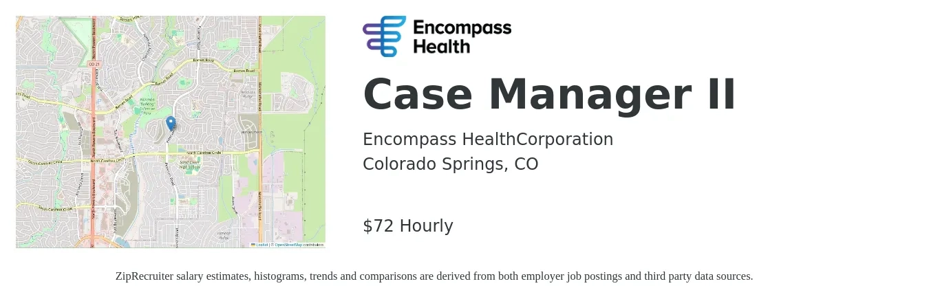Encompass Health job posting for a Case Manager II in Colorado Springs, CO with a salary of $75 Hourly with a map of Colorado Springs location.