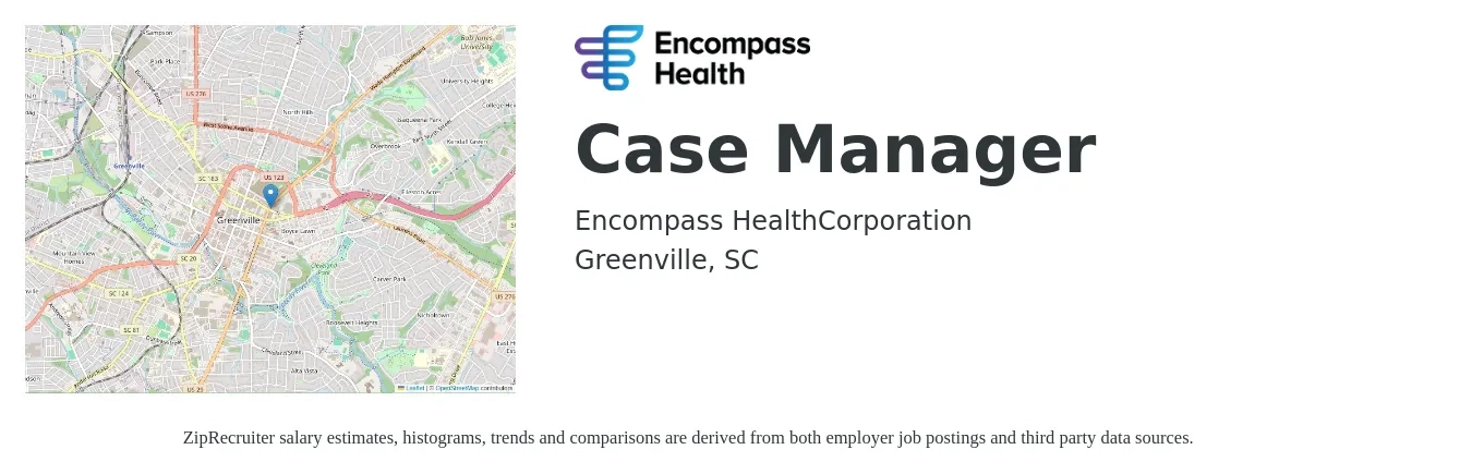 Encompass Health job posting for a Case Manager in Greenville, SC with a salary of $19 to $24 Hourly with a map of Greenville location.