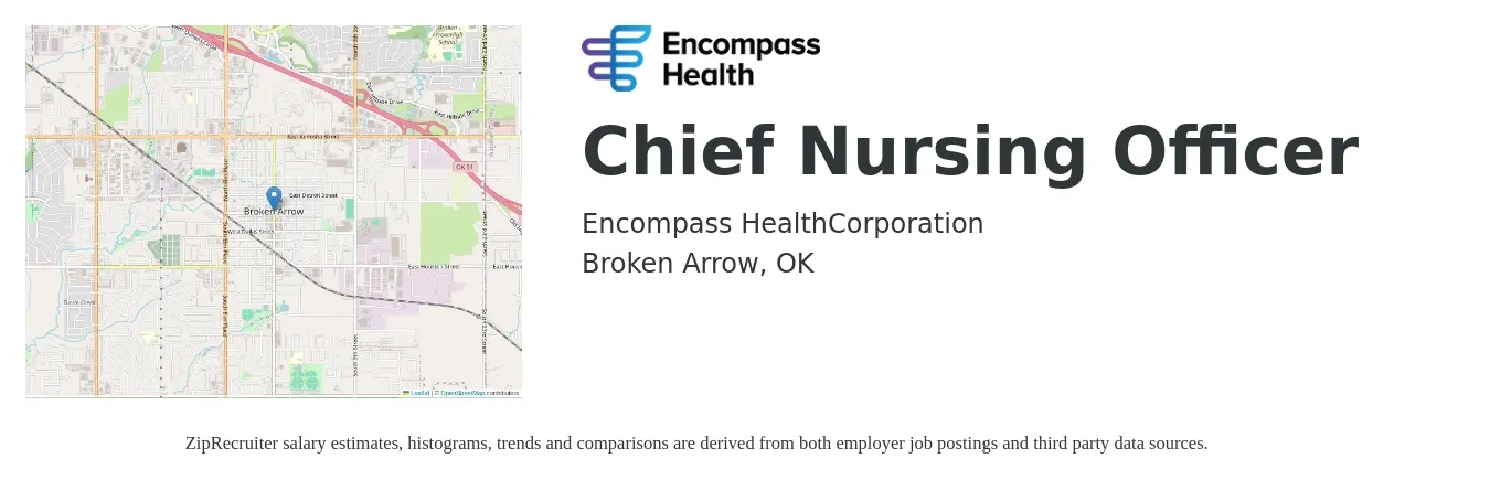 Encompass Health job posting for a Chief Nursing Officer in Broken Arrow, OK with a salary of $109,900 to $150,900 Yearly with a map of Broken Arrow location.