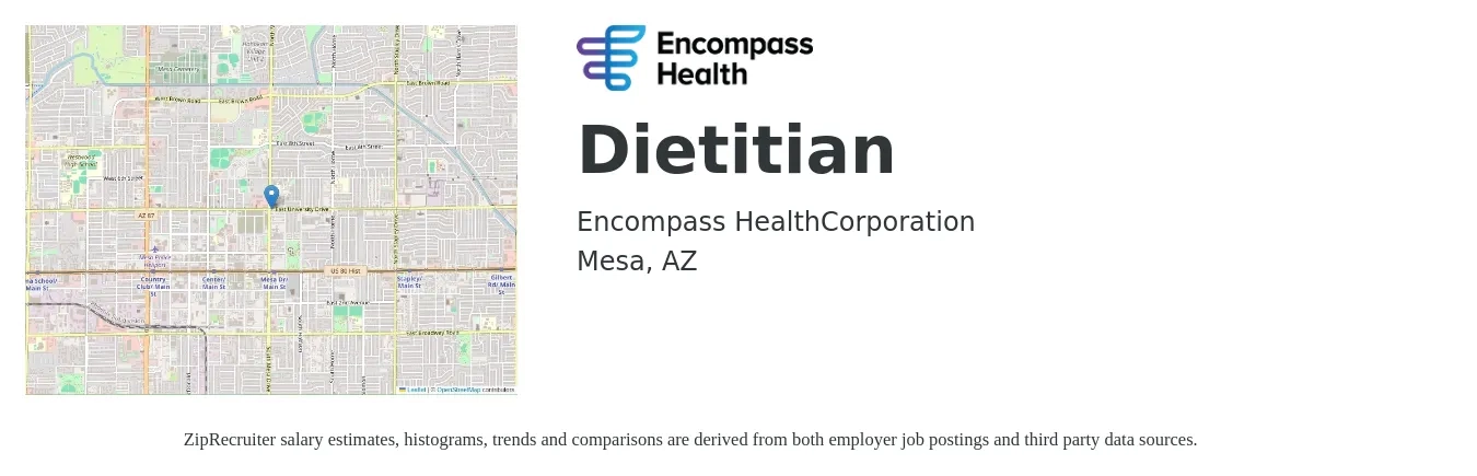 Encompass Health job posting for a Dietitian in Mesa, AZ with a salary of $53,200 to $77,800 Yearly with a map of Mesa location.