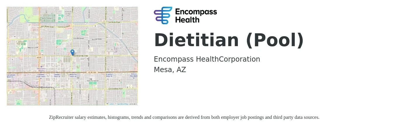 Encompass Health job posting for a Dietitian (Pool) in Mesa, AZ with a salary of $53,200 to $77,800 Yearly with a map of Mesa location.