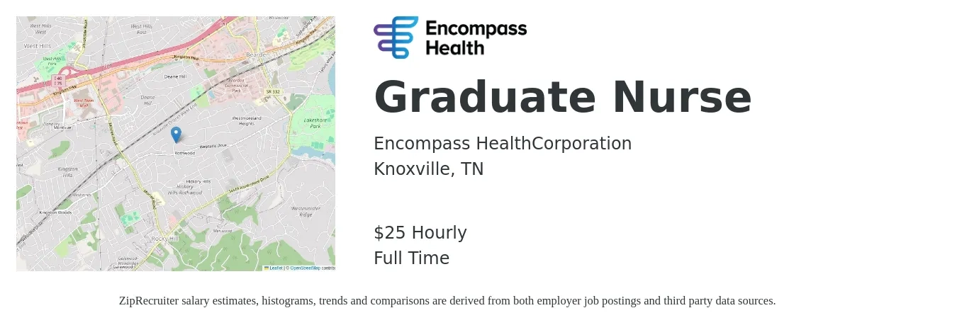 Encompass Health job posting for a Graduate Nurse in Knoxville, TN with a salary of $26 Hourly with a map of Knoxville location.