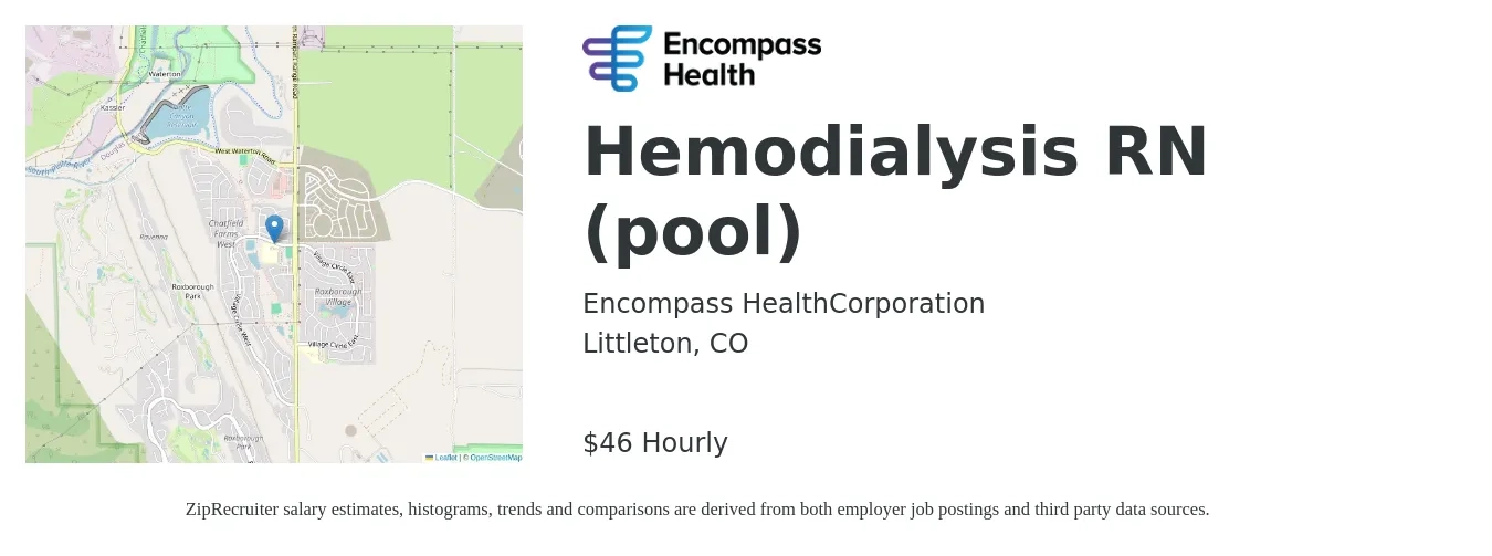 Encompass Health job posting for a Hemodialysis RN (pool) in Littleton, CO with a salary of $48 Hourly with a map of Littleton location.