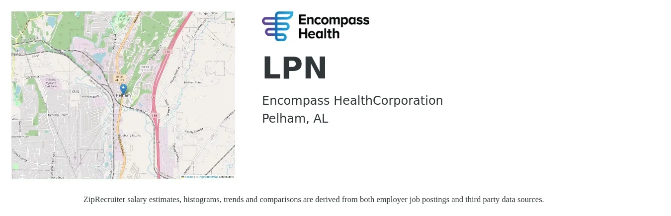 Encompass Health job posting for a LPN in Pelham, AL with a salary of $24 to $32 Hourly with a map of Pelham location.