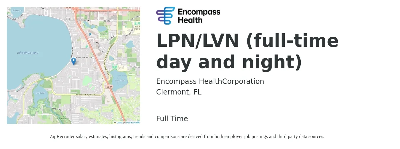 Encompass Health job posting for a LPN/LVN (full-time day and night) in Clermont, FL with a salary of $1,070 to $1,510 Weekly with a map of Clermont location.