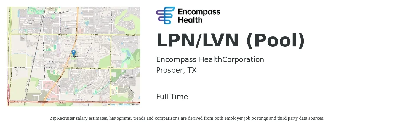 Encompass Health job posting for a LPN/LVN (Pool) in Prosper, TX with a salary of $1,100 to $1,550 Weekly with a map of Prosper location.