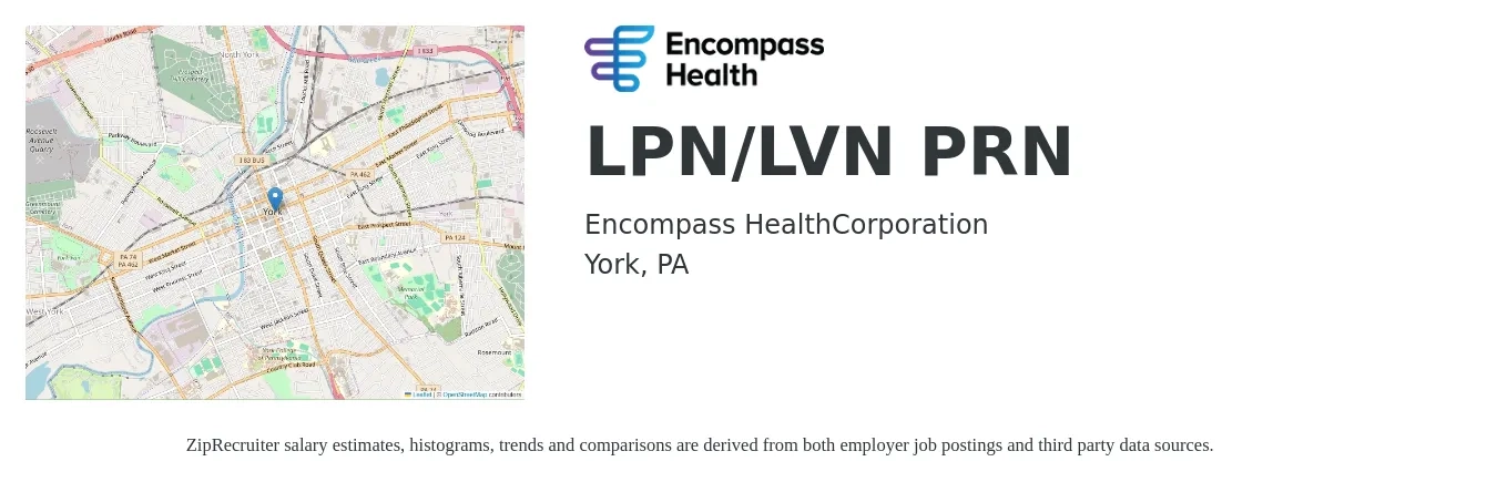 Encompass Health job posting for a LPN/LVN PRN in York, PA with a salary of $1,180 to $1,660 Weekly with a map of York location.