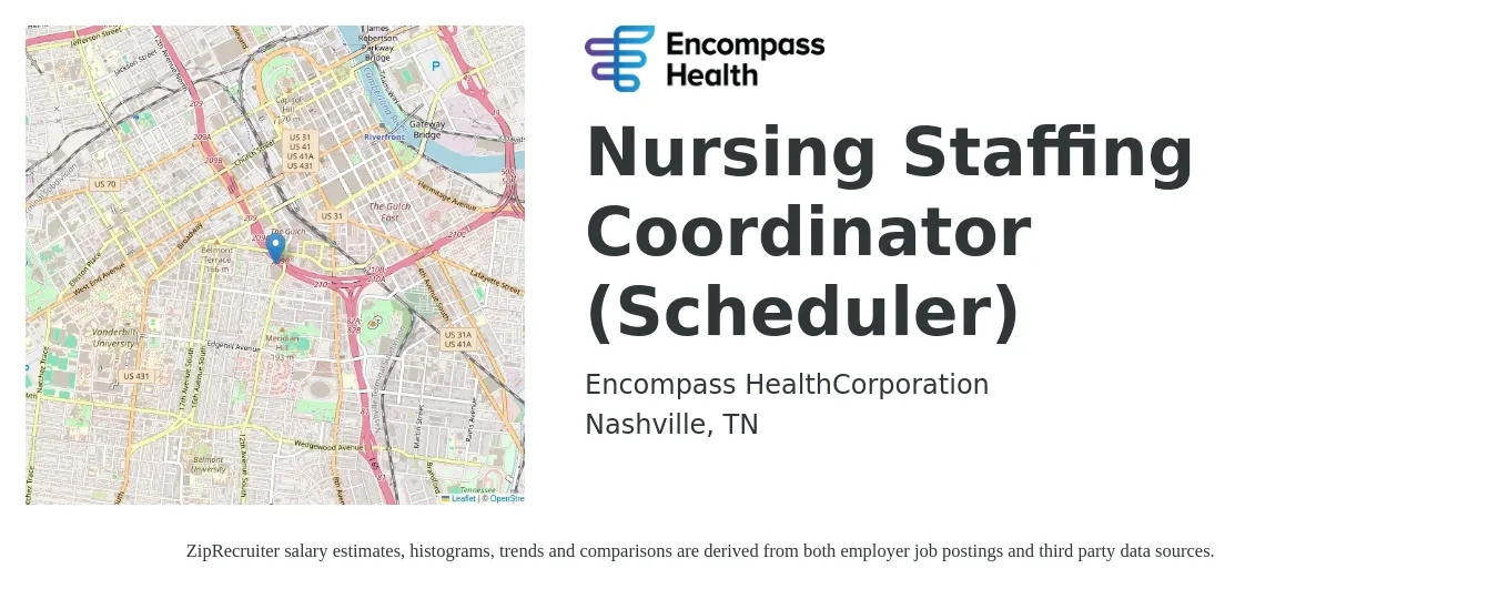 Encompass Health job posting for a Nursing Staffing Coordinator (Scheduler) in Nashville, TN with a salary of $18 to $23 Hourly with a map of Nashville location.