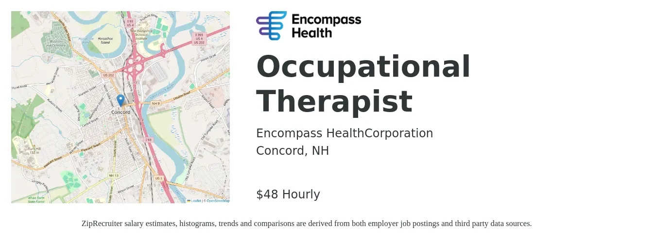 Encompass Health job posting for a Occupational Therapist in Concord, NH with a salary of $40 to $53 Hourly with a map of Concord location.
