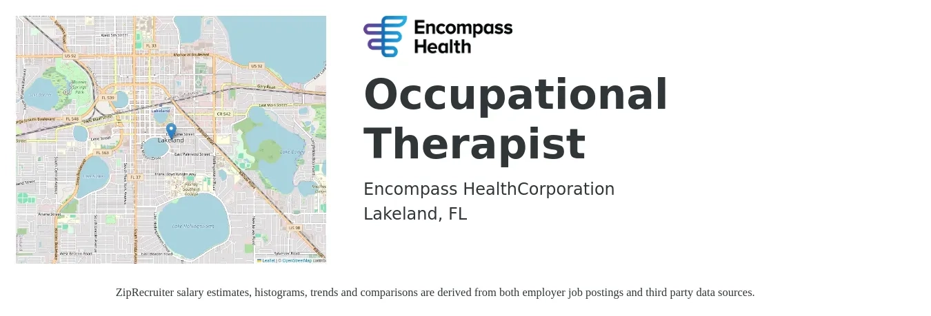 Encompass Health job posting for a Occupational Therapist in Lakeland, FL with a salary of $38 to $49 Hourly with a map of Lakeland location.