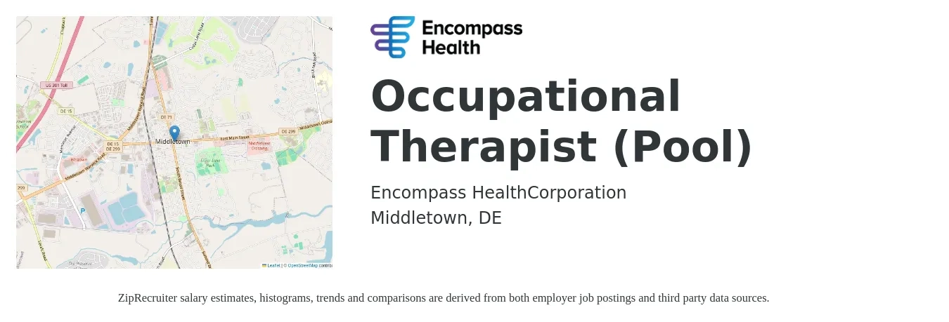 Encompass Health job posting for a Occupational Therapist (Pool) in Middletown, DE with a salary of $38 to $50 Hourly with a map of Middletown location.