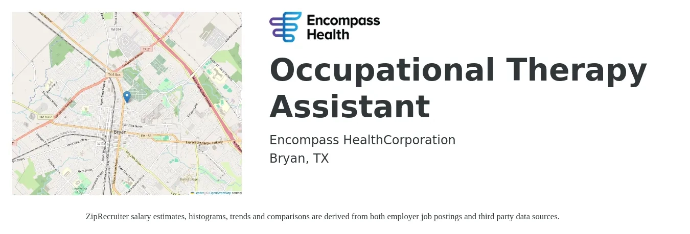 Encompass Health job posting for a Occupational Therapy Assistant in Bryan, TX with a salary of $22 to $29 Hourly with a map of Bryan location.
