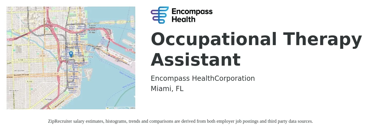 Encompass Health job posting for a Occupational Therapy Assistant in Miami, FL with a salary of $25 to $34 Hourly with a map of Miami location.
