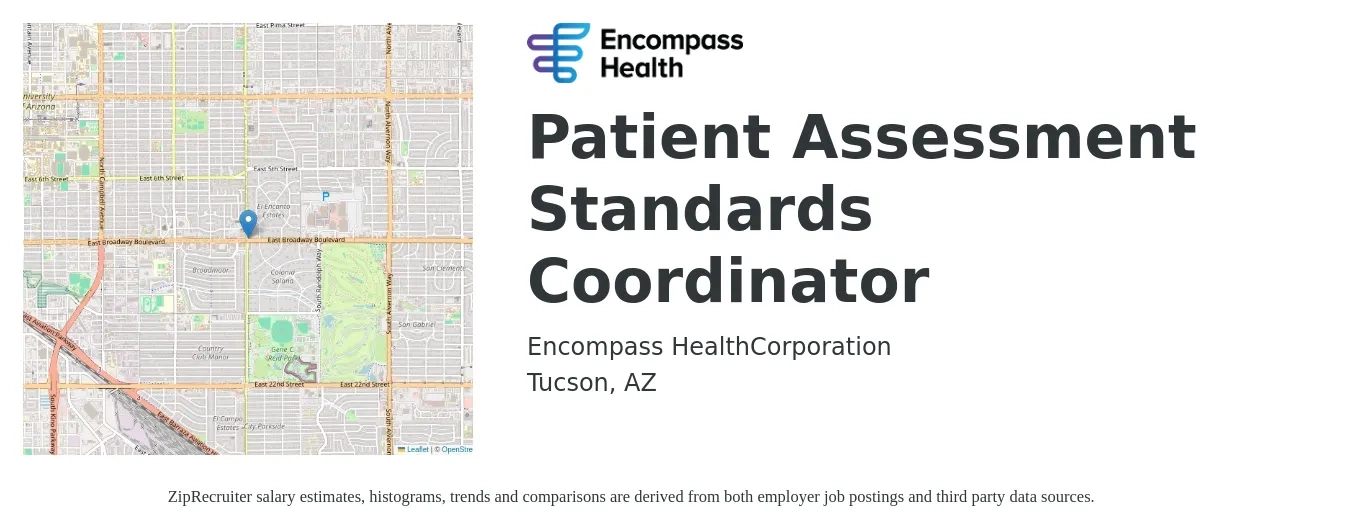 HealthSouth job posting for a Patient Assessment Standards Coordinator in Tucson, AZ with a salary of $17 to $22 Hourly with a map of Tucson location.