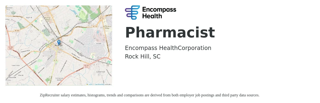 Encompass Health job posting for a Pharmacist in Rock Hill, SC with a salary of $41 to $60 Hourly with a map of Rock Hill location.