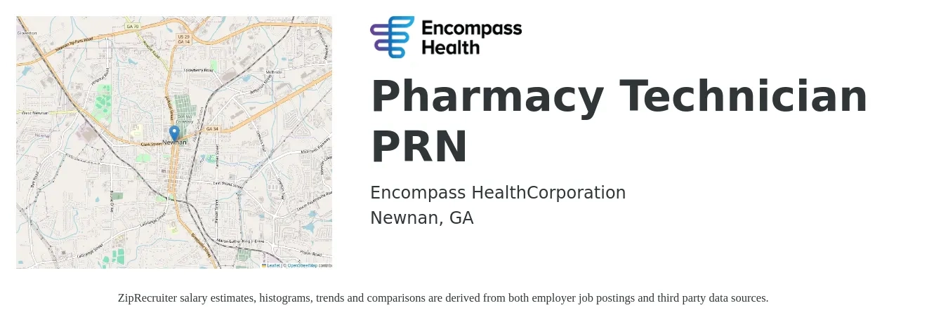 Encompass Health job posting for a Pharmacy Technician PRN in Newnan, GA with a salary of $16 to $19 Hourly with a map of Newnan location.