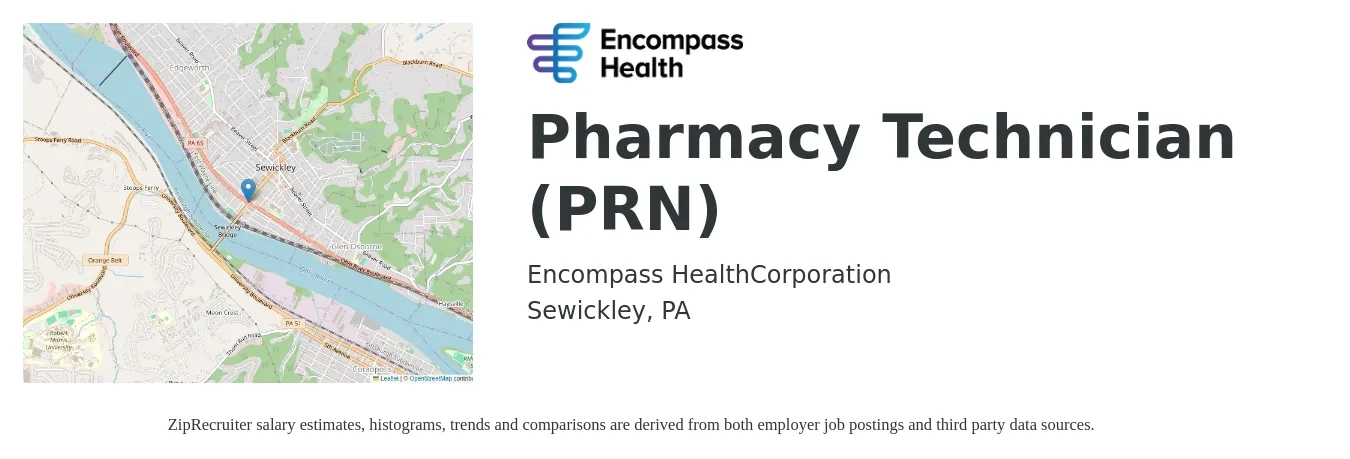 Encompass Health job posting for a Pharmacy Technician (PRN) in Sewickley, PA with a salary of $17 to $20 Hourly with a map of Sewickley location.