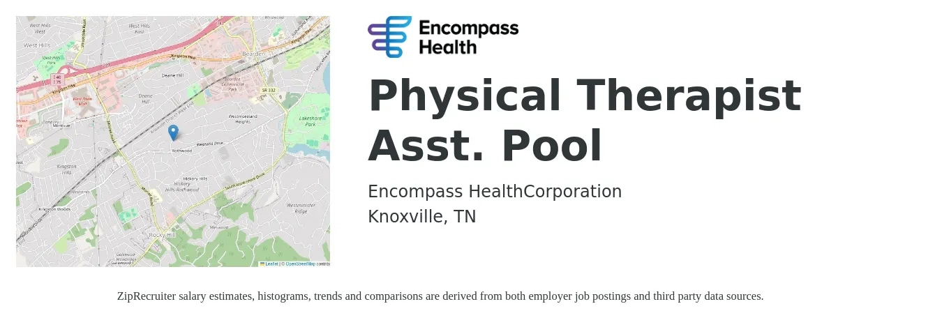 Encompass Health job posting for a Physical Therapist Asst. Pool in Knoxville, TN with a salary of $40 to $56 Hourly with a map of Knoxville location.