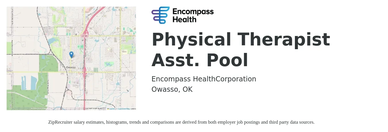 Encompass Health job posting for a Physical Therapist Asst. Pool in Owasso, OK with a salary of $36 to $50 Hourly with a map of Owasso location.