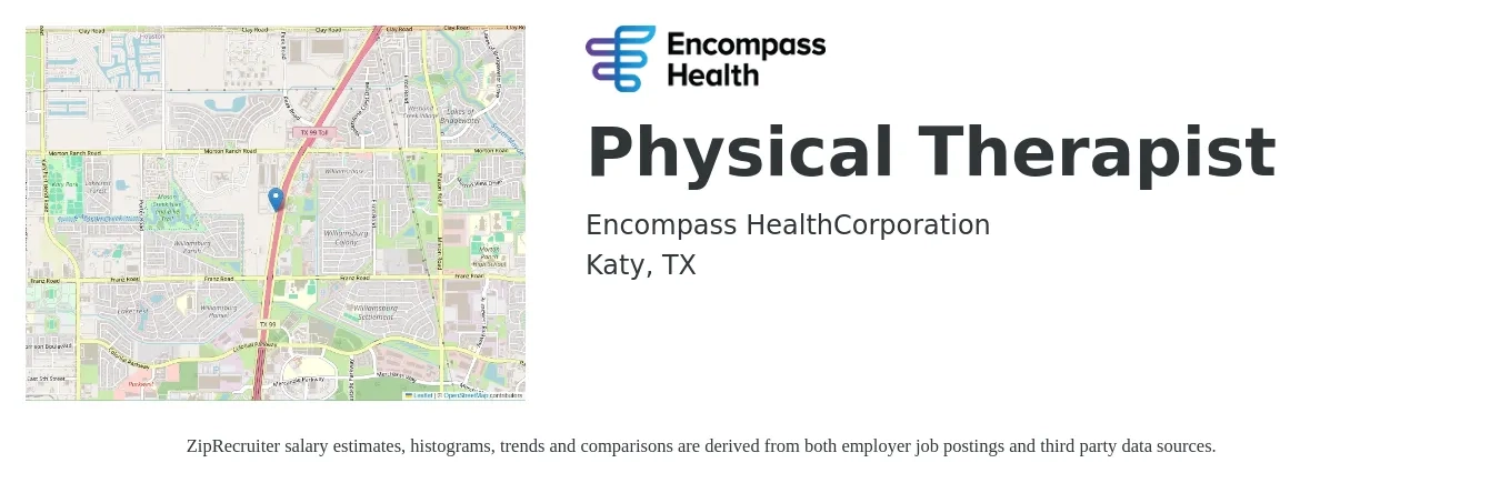 Encompass Health job posting for a Physical Therapist in Katy, TX with a salary of $1,520 to $1,970 Weekly with a map of Katy location.