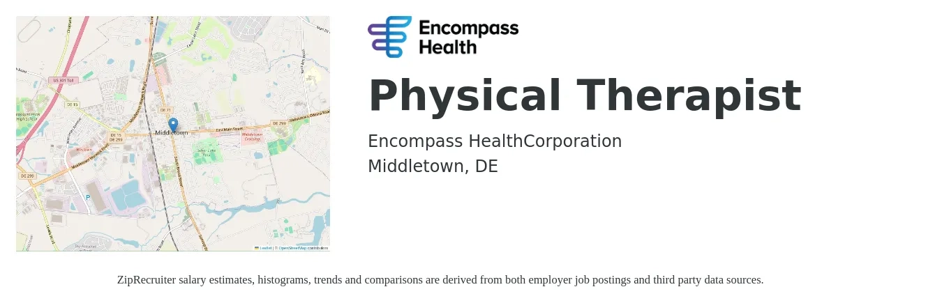 Encompass Health job posting for a Physical Therapist in Middletown, DE with a salary of $1,560 to $2,030 Weekly with a map of Middletown location.