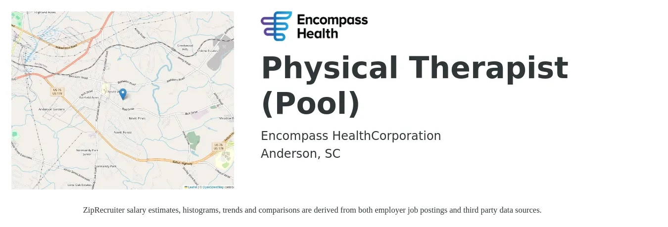 Encompass Health job posting for a Physical Therapist (Pool) in Anderson, SC with a salary of $1,440 to $1,870 Weekly with a map of Anderson location.