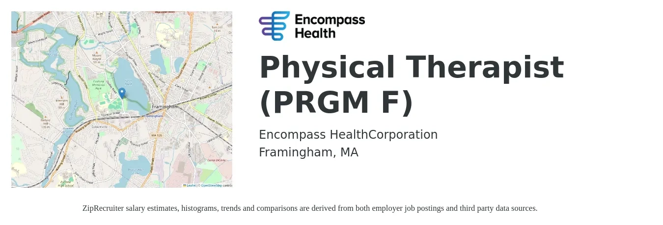 HealthSouth job posting for a Physical Therapist (PRGM F) in Framingham, MA with a salary of $1,720 to $2,220 Weekly with a map of Framingham location.