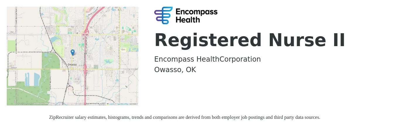 Encompass Health job posting for a Registered Nurse II in Owasso, OK with a salary of $28 to $44 Hourly with a map of Owasso location.