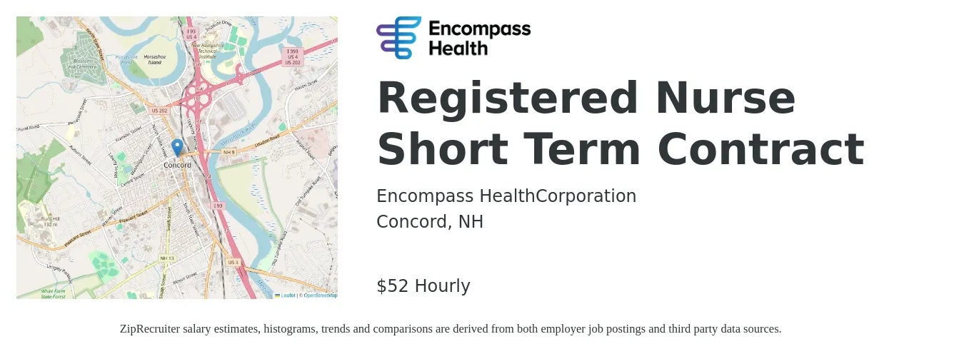 Encompass Health job posting for a Registered Nurse Short Term Contract in Concord, NH with a salary of $60 Hourly with a map of Concord location.