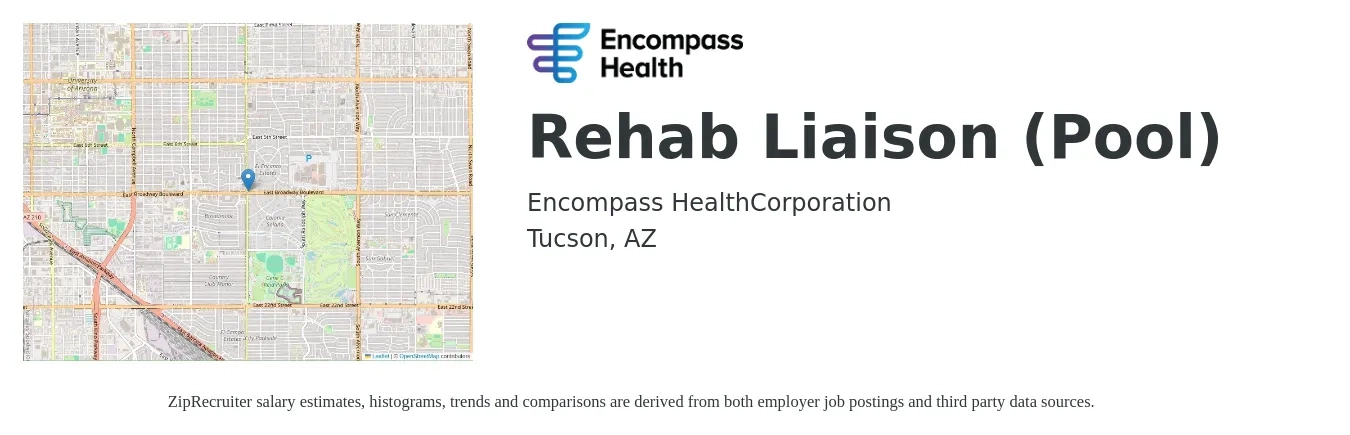 Encompass Health job posting for a Rehab Liaison (Pool) in Tucson, AZ with a salary of $43,800 to $64,000 Yearly with a map of Tucson location.