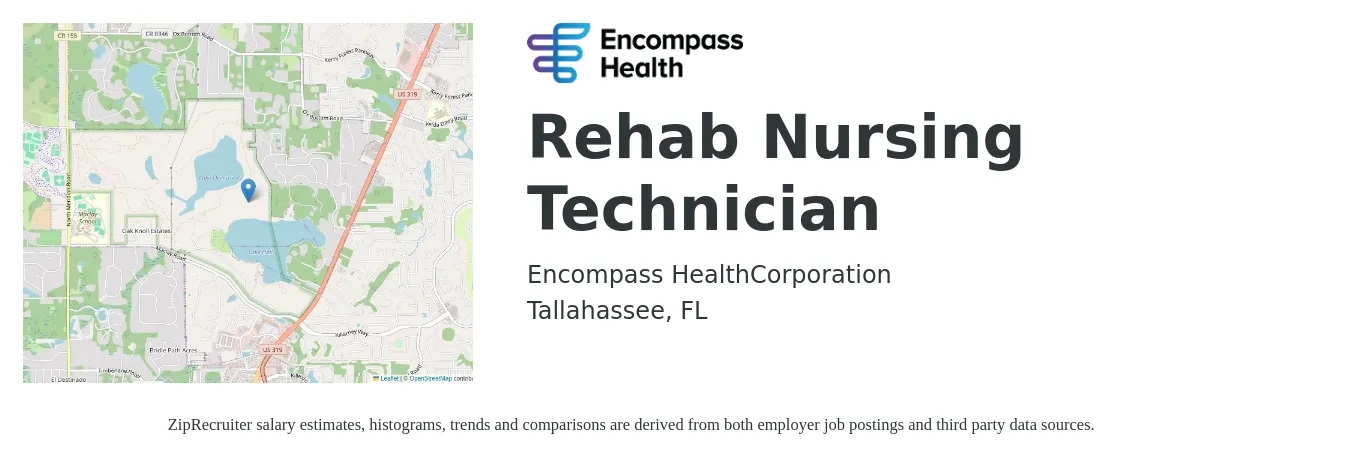 Encompass Health job posting for a Rehab Nursing Technician in Tallahassee, FL with a salary of $14 to $18 Hourly with a map of Tallahassee location.