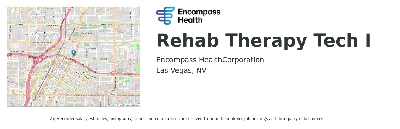 Encompass Health job posting for a Rehab Therapy Tech I in Las Vegas, NV with a salary of $14 to $20 Hourly with a map of Las Vegas location.