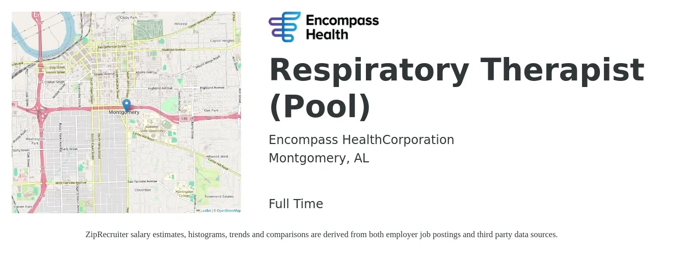 Encompass Health job posting for a Respiratory Therapist (Pool) in Montgomery, AL with a salary of $31 to $55 Hourly with a map of Montgomery location.