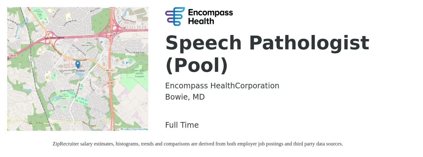 Encompass Health job posting for a Speech Pathologist (Pool) in Bowie, MD with a salary of $38 to $52 Hourly with a map of Bowie location.
