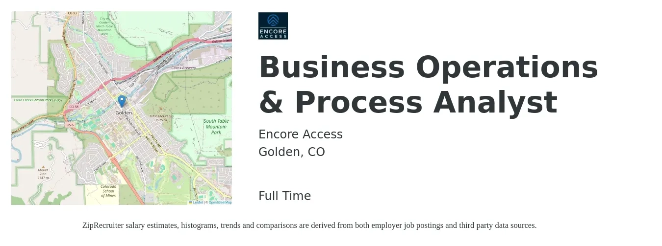 Encore Access job posting for a Business Operations & Process Analyst in Golden, CO with a salary of $63,300 to $85,000 Yearly with a map of Golden location.