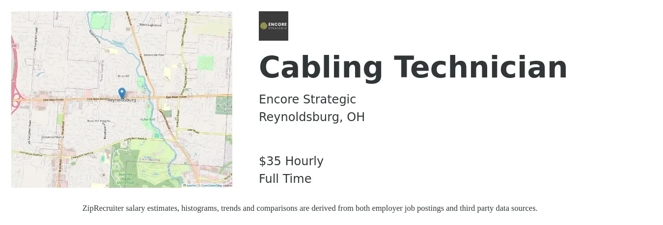 Encore Strategic job posting for a Cabling Technician in Reynoldsburg, OH with a salary of $27 to $37 Hourly with a map of Reynoldsburg location.